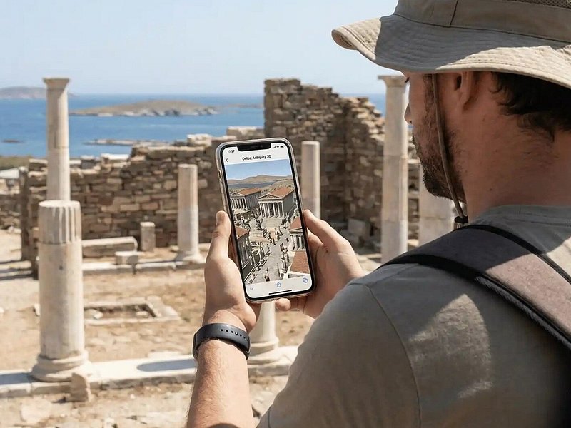 A visitor photographing the excavated columns on Delos