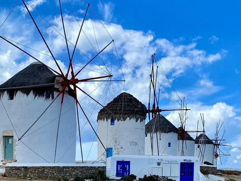The Kato Mili windmill row on the ridge above Mykonos Town